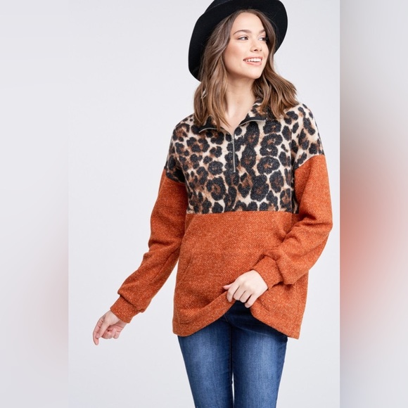 NWT White Birch Long Sleeve Cheetah Print Quarter Zip Pullover Sweater, Rust - Picture 5 of 8